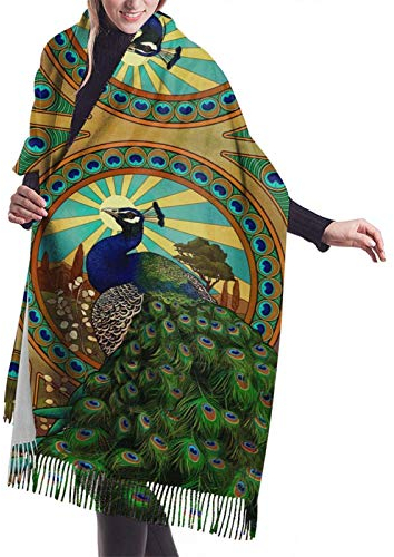 Jugendstil Pfau Damen Winter Mode Schal Cashmere Feel Pashmina Schal Wraps Weiche Warm Decke Lange Schals für Frauen, siehe abbildung, One size