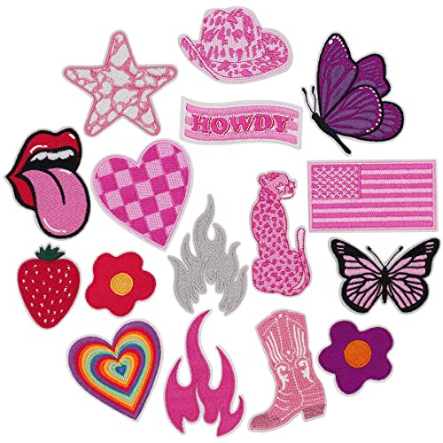 Winrase 16pcs Pink Leopard Lip Iron on Patches Embroidered Motif Applique Decoration Sew on Patches Custom Embroidered Patches for DIY Clothes,Dress,Jeans,Caps,Arts Craft Sew Making (Pink-theme 16pcs)