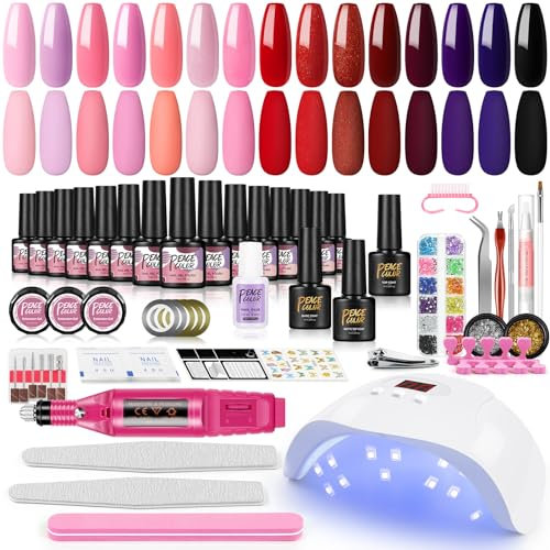 PEACECOLOR Kit Ricostruzione Unghie Completo e 18pz Smalto Semipermanente per Unghie e Unghia Fresa 3 PZ U V Gel Smalto per Unghie con Lampada e gli Strumenti Nail Art Design Professionale