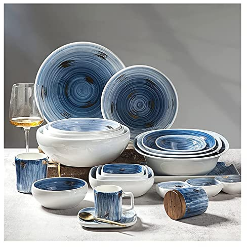 Juegos de vajilla Juego de platos, 43 piezas de cerámica, platos de cena de la serie Creative Blue Sky, combinación completa de porcelana, apto para microondas y lavavajillas