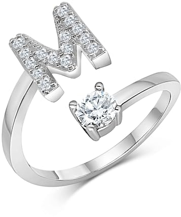 Zelaro Silber Ring mit Buchstabe | Zirkonia Ring mit Initialen | Pärchen Ringe für Mädchen Geschenk für Freundin | Frauen Ring als Schmuck Ringe zum Jahrestag | Verstellbare Ringe in Silber (M)