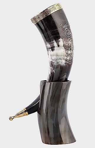 Nautical Replica Hub Viking Drinking Horn - 12 Inch with Horn Stand & Brass Rim 100% Authentic Handmade Beer Cup | Food Grade | Unique Genuine Ox Horn Thor Engraved - 1 Piece