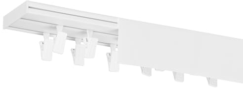 RENA Vorhangschiene 2-läufig Gardinenschiene aus Kunststoff Vorhang-Deckenschiene mit Abdeckung und Klammern Gardinenleiste Gardinenstange Gardinen Vorhänge für Deckenmontage Weiß 350cm