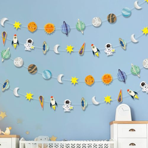 Galaxie-Sonnensystem hängende Papiergirlande, Astronauten Raketen Sterne hängende Dekoration, Blast Off to Outer Space Banner für Kinderzimmer Geburtstag Party Dekor Supplies