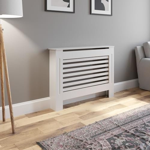 DuraTherm® Radiator Cover White Painted Modern Horizontal Slat Shelves MDF Cabinet Shelf for Radiators, Living Rooms, Bedrooms, Medium (W: 112cm / H: 81.5cm / D: 19cm)
