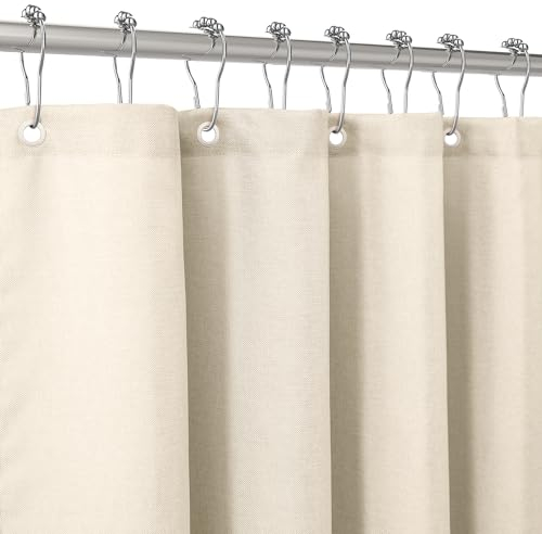 VANZAVANZU Tenda da Doccia per Bagno Con Ganci in Metallo - Tessuto in Lino, Resistente, Impermeabile per Vasca e Box Doccia - Orlo Ponderato - 182 x 214 cm (Beige)