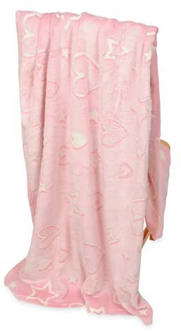FEBE Kuscheldecke Kinder Leuchtend im Dunkeln Herz und Sterne 150x200 Flauschige Weiche Kinderdecke Kinderbettdecke Mädchen Jungen Glow Blanket