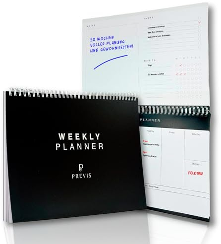 PREVIS Weekly Planner Habit Tracker To Do Planer A4 2025-50 Blatt à 100g für 50 Wochen - Wochenplaner Minimalistischer und Produktiver - Productivity Planner for Study and Work - Planer Undatiert