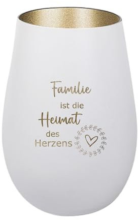Der-Porzellan-Laden Windlicht mit Gravur Familie ist die Heimat des Herzens, Weiß Gold, Teelichthalter aus Glas mit Spruch, Tischdeko modern