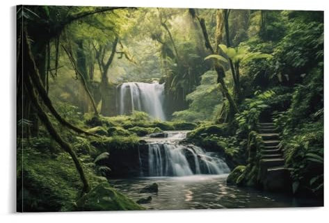 FOCCAR Tropical Forest Canvas Wall Art Waterfall Scenery Streams Nature Photo Posters Wall Decor Painting Art for Home Room Artwork