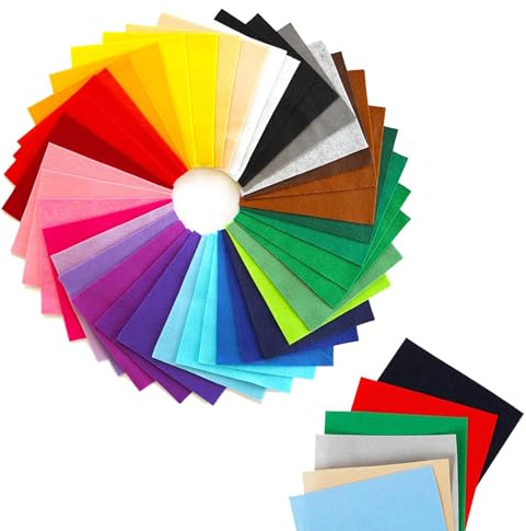 Assorted Coloured Polyester Felt Sheets Sewing Craft Fabric 50Pcs 15x15cm | Flexible dense non-woven textiles; pliable tear-resistant artisanal squares; for creative quilting ornament making