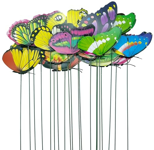 Woohome 20 Stück Garten Schmetterlinge Stangen, Doppelter Flügel Schmetterling Gartendeko Garten Schmetterlinge Patio Ornamente auf Stöcke für Outdoor Hof, Garten Dekoration