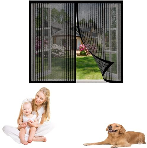 Pegajoso Cortina 105 x 80 cm Reforzada Antidesgarro Cortina Antimosquitos para Puerta Ventana, Montaje Adhesivo, a Medida, Negro