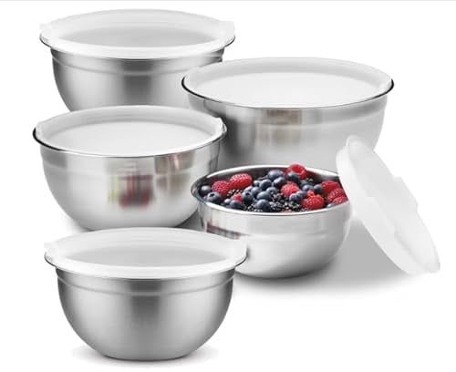 U HOME 5-Pack Mixing Bowls Set with Lids - Stainless Steel, Food Storage, Space-Saving, for Baking, Cooking, Salad & Food Prep - Large, Medium and Small. (5 Pack - White Lids)