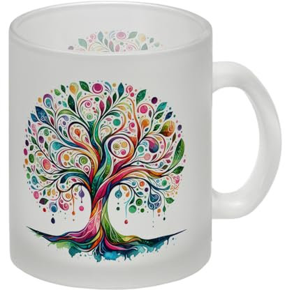 Lebensbaum Glas Tasse Lebensbaum Tasse - Familienliebe und Stärke im bunten Aquarell-Look der farbenfrohe Baum inspiriert von der Schönheit der Natur