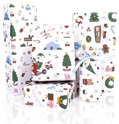Toptime Geschenkpapier Weihnachten, Weiß Kraftpapier Weihnachten mit Weihnachtsmann Weihnachtsbaum Lebkuchenmann, 6 Blatt Niedliches Weihnachtspapier für Kinder, Geschenkpapier für Neujahr, 70x50cm