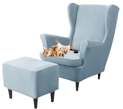 GUYIRT Ohrensessel Überzug Samt Mit Hockerbezug Rechteckig, Ohrensessel Bezug Mit Ottomane Schonbezug Hocker Bezug Für Wohnzimmer Schlafzimmer (blau)