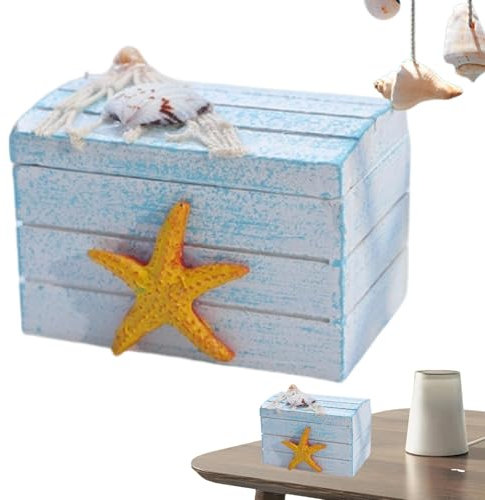 Strandbox aus Holz – Seestern-Andenkenbox, Schmuck-Aufbewahrungsbox | Nautische Andenken-Aufbewahrungsbox mit Rettungsring- , Strand-Themen-Aufbewahrungsbox aus Holz, rustikale dekorative Box für