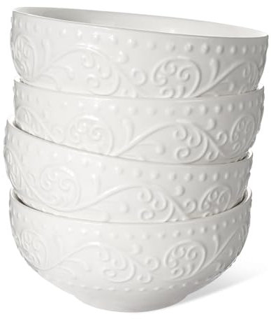 Artena Ceramic Cereal Bowls 26 oz, Embossment Soup Bowls Set of 4, White Salad Bowls for Kitchen, 6 inch Dinner Bowls for Breakfast, Oatmeal, Rice, Pasta, Dishwasher Microwave Safe Bowls (Botanical)