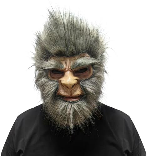 MXJFYY Affenkönig Maske Affenkönig Tiermaske für Halloween, Tiermaske Kopfbedeckung mit Haaren, Halbes Seitengummi, Halloween Maske Affenmaske Spiel Requisiten Cosplay