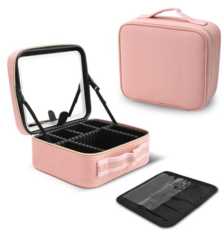 Ruspela Travel Makeup Bag with LED Mirror Toiletry Makeup Case with Adjustable Dividers and Brush Holder Cosmetic Organizer Case for Women and Makeup Artists
