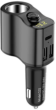 Auto Ladegerät Verlängerung Zigarettenanzünder Adapter Sockel Splitter 2 USB 1PD Ports Spannungsmesser 12V/24V Automobil Steckdose, KFZ USB verteiler