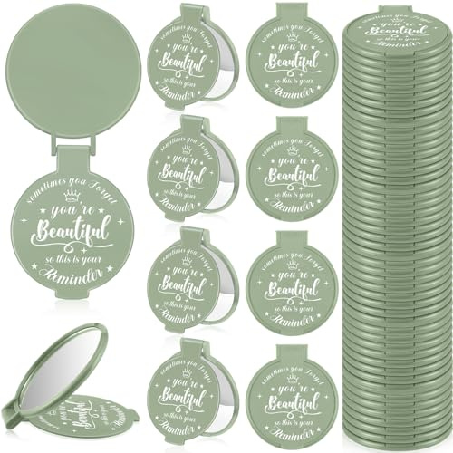 Gulfmew Specchietti compatti motivazionali, ideali come bomboniere per feste, tascabili, mini regali per donne, colleghe, amici, Halloween, Natale, 7 cm, confezione da 36, verde salvia