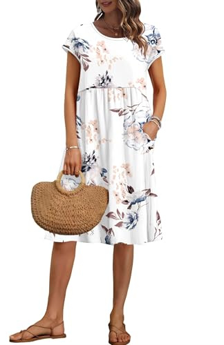 AUSELILY Women's Summer Short Sleeve Knee-Length Dresses Round Neck Loose Dress with Pockets Floral White M