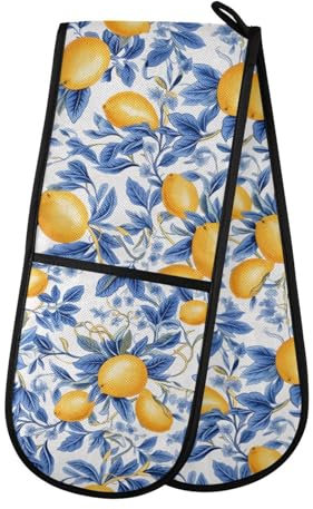 Oven Gloves Double Oven Gloves Lemon Bohemian Blue Leaves Oven Mitts Pot Holder Heat Resistant Quilted for BBQ Baking Kitchen Cooking Gloves