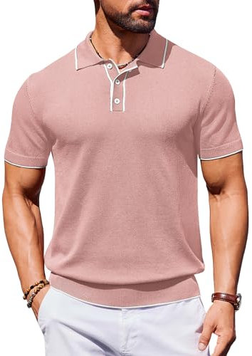 COOFANDY Polo Manica Corta Uomo Tennis Shirt Estate Bottoni Uomo Maglia Polo Stretch Golf Shirt Rosa XXXL