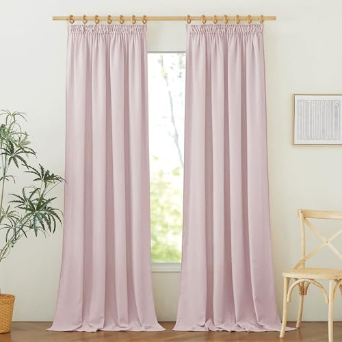 PONY DANCE Kinderzimmer Gardinen mit Kräuselband Vorhang Leinen 2er Set H 245 x B 140 cm Leinenoptik Gardine Halbtransparent Wohnzimmer Vorhänge für Schienensystem, Altrosa