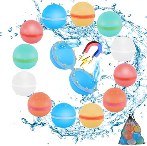 12 Stück Wasserbomben Wiederverwendbar mit Mesh Bag – Magnet Selbstschließend, Wiederverwendbare Wasserballoons Schnellfüller für Wasserschlachten, Pool, Strand & Familienaktivitäten