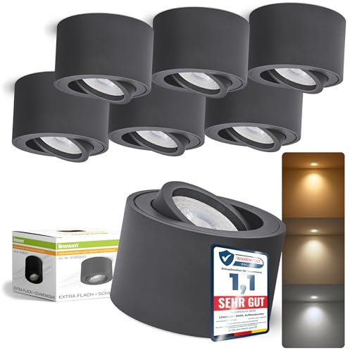 linovum SMOL Aufbaustrahler anthrazit schwenkbar flach mit lumiFLEX LED Licht warmweiß/neutralweiß/kaltweiß - 6x Aufbau Spot 230V 4W