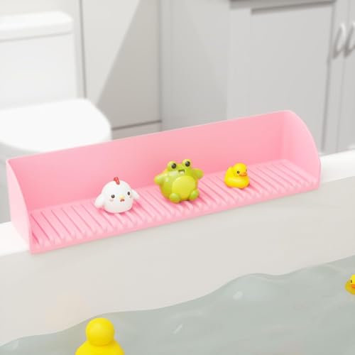 LAHAQIQI Silicone Sink Water Bathtub Splash Guard with 4 Suction Cups for Kitchen and Bathroom, Bath Toys Storage Tub Play Shelf Tray for Kids(Pink, 1Pack)