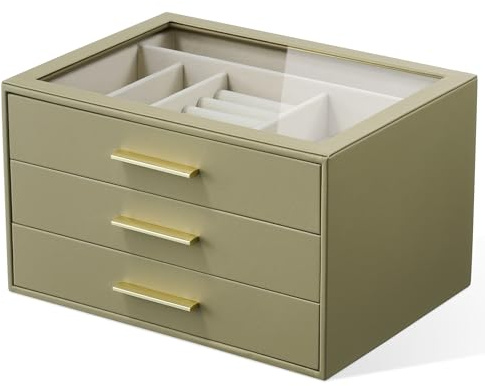 Schmuckkästchen-Organizer: 3-stöckiges schmuck kiste mit Glasfenster, Grün | olivgrünes Leder mit cremefarbenem Samt, Fächer für Ringe, Halsketten, Armbänder, Broschen und Uhren, tolles Geschenk für sie
