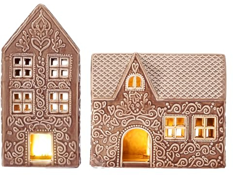 DN DECONATION Lebkuchen-Weihnachtsdekoration, Hausdekoration, beleuchtete Keramik-Lebkuchenhäuser mit Lichtern, Weihnachtsdorf & Stadt-Dekorationen für Tischplatte Winter-Dekoration, 2er-Set