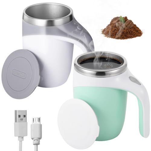 yeeplant 2 Self-Stirring Mugs, Rechargeable Electric Mixing Cups, Magnetic Stirring Technology, 304 Stainless Steel Travel Mugs, White + Green