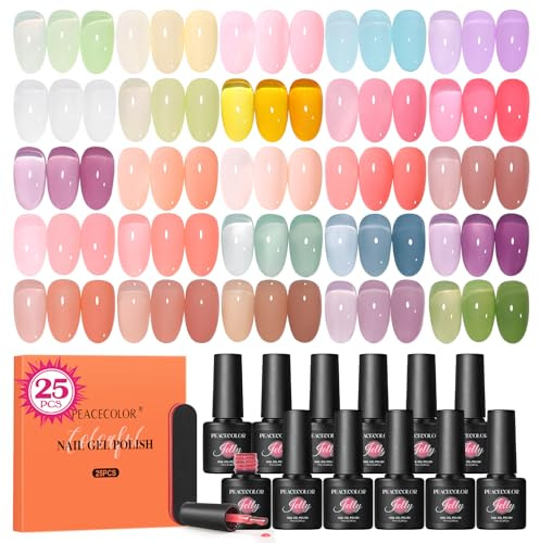 PEACECOLOR Jelly Gel Nail Polish Set, 25pc Translucent Milky Pink Clear Spring Summer Colours Soak Off U V Gel Polish, Nail Art Manicure Salon and Home DIY for Women Gift
