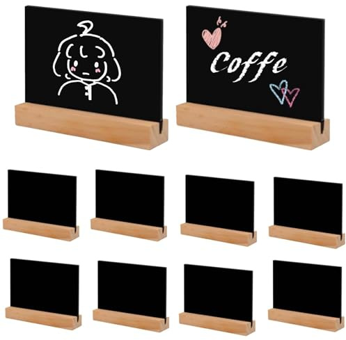 Teouuas 10 Pièces Mini Tableaux Noirs, Petit Tableau Noir avec Support | Tableau Noir avec Support Bois Double Face, Mini Ardoise Réutilisable, Ideal pour Mariage Buffet et Étiquette de Prix