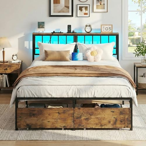 IRONCK Bett 140x200 mit LED und Ladestation, Bettgestell mit Stauraum | Doppelbett mit 2 Schubladen, 2 AC-Steckdosen, USB-A & USB-C, Jugendbett mit Lattenrost aus Metall, Betten für Schlafzimmer