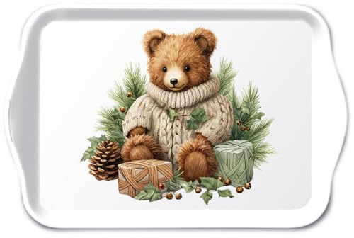 Ambiente kleines Tablett Dekotablett 13 x 21 cm Melamin Teddybär im Winter