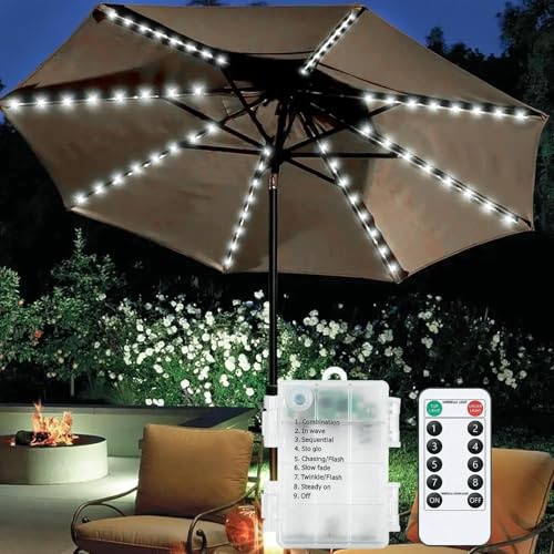 Luci per ombrellone, 104 LED impermeabili a batteria con telecomando, 8 modalità di illuminazione per esterni, patio, giardino, tende da campeggio (bianco)