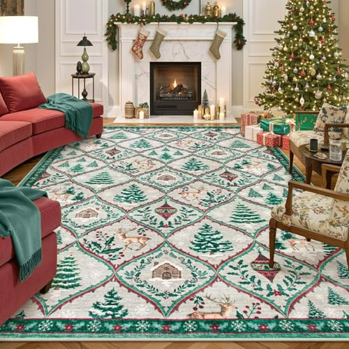 JQTOP Weihnachtsläufer-Teppich, rutschfest, waschbar, für Küche und Flur, mit Rentier- und Baumdruck, für Waschküche, Urlaubsdekoration (grün)