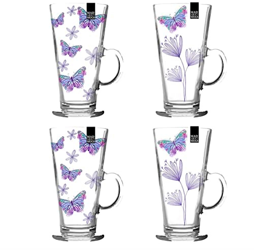 Mad About Mugs Set of 4 Latte Glasses Butterfly Clear Glass Coffee Mug Tea Cups Hot Chocolate Kitchen Home