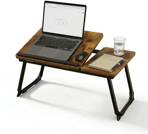 Relaxdays Laptoptisch für Bett & Couch, Dunkelbraun/schwarz | klappbarer Betttisch, höhenverstellbar, Betttablett, Metall