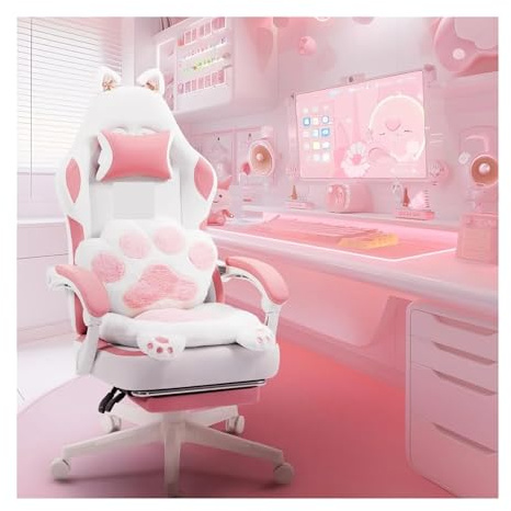SDdfhCV Gaming Chair Cute With Cat Ears Paw Lumbar And Cushion,Ergonomic Computer Chair With Footrest,Reclining PC Game Chair For Girl(White pink)