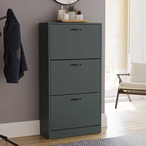 Vida Designs Shoe Cabinet, Wooden Shoe Storage Unit with 3 Pull-Down Drawers, Multifunctional Dust-Proof Space-Saving Slim Cupboard for Hallway or Entryway (Green)