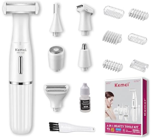 KEMEI 6-in-1 Rasierer Damen Elektrisch, Kabelloser Bikini Trimmer | Wechselköpfen, Für Gesichtshaarentfernung, Augenbrauen, Beine, Achseln & Intimbereich, Sanft Schmerzfrei USB Wiederaufladbar