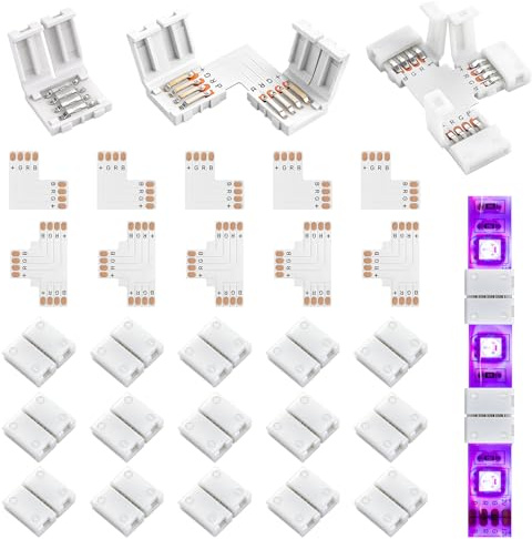 35 Stück LED Strip Verbinder 4 Polig 10mm, Lötfreier Anschluss mit 25 Lichtbandklemmen, 5 L-förmigen & 5 T-förmigen Verbindern für 5050 3528 RGB LED Streifen, Schnelle Installation