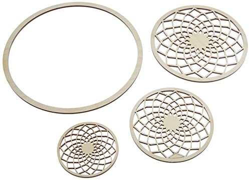 Rayher 62826000 Traumfänger-Set mit drei Mandala-gemusterten Scheiben mit einem Durchmesser von 7,10,13cm und einem großen Holzreifen aus Naturholz, sortiert